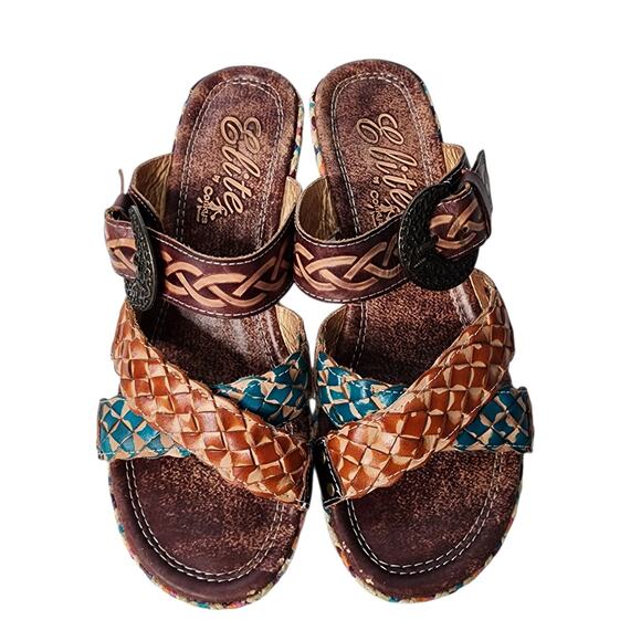 Elite by Corkys Sleepy Multicolor Wedge Leather Sandals Slides Boho Artsy 8 - Picture 1 of 10